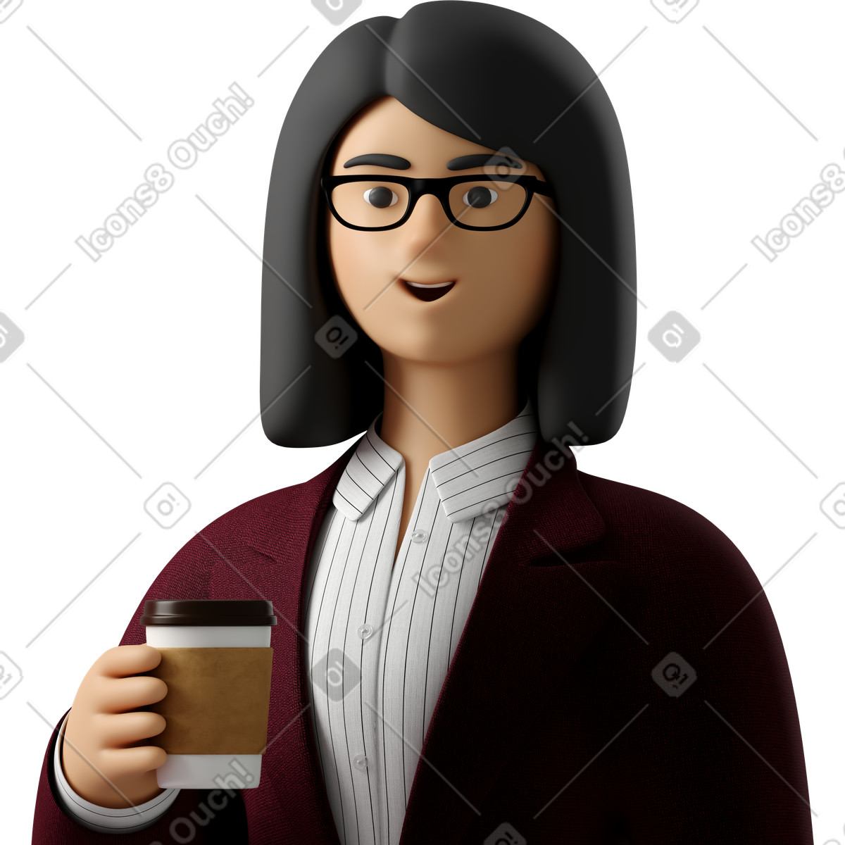 3D Business 스타일의 Close up of businesswoman in red suit with paper coffee cup 일러스트레이션 PNG, SVG 다운로드