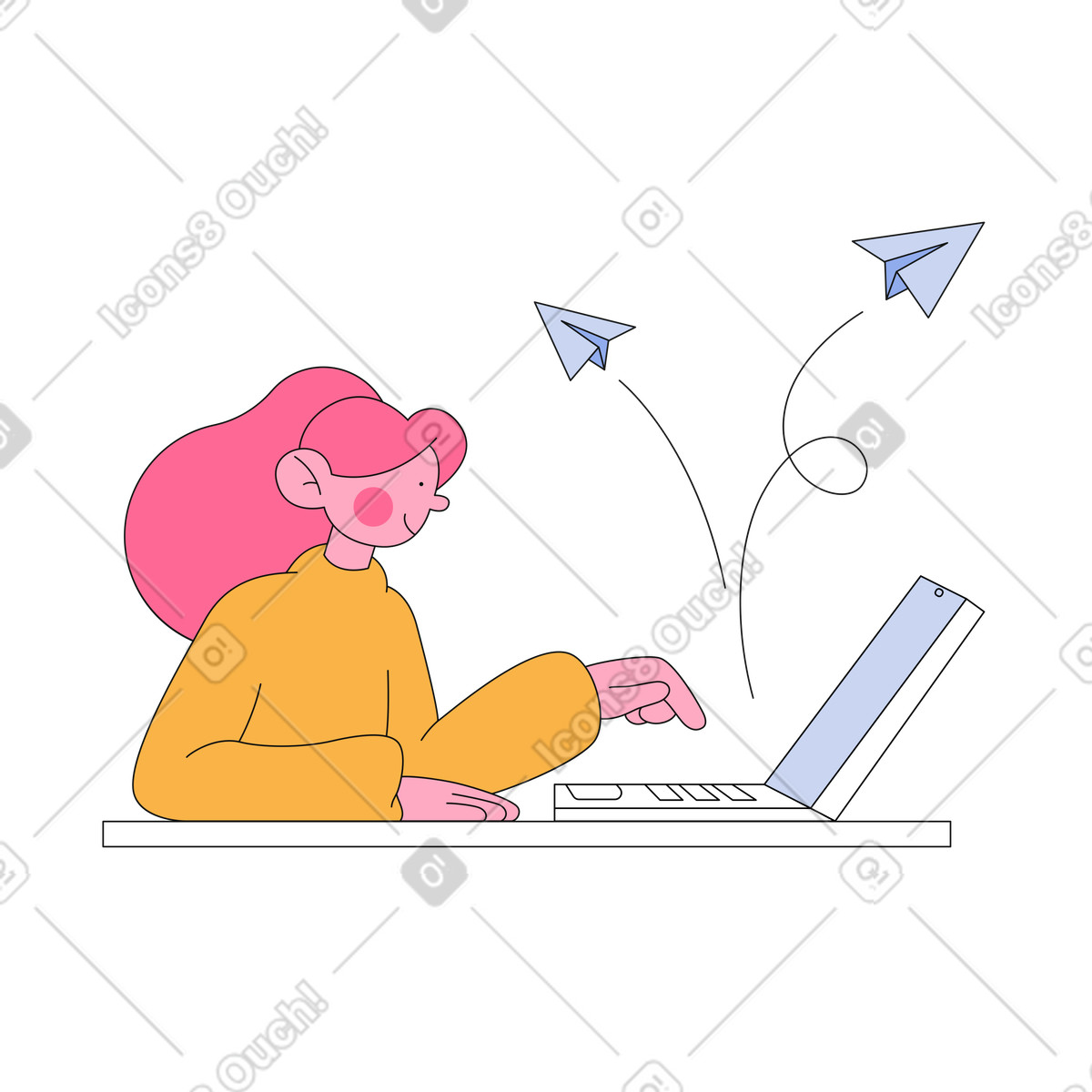 Ilustración Chica con laptop enviando mensajes en estilo Bloom a descargar en PNG y SVG