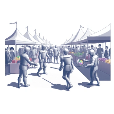 A bustling medieval festival scene. There are knights in shining armor, standing proudly with their swords sheathed at their sides. Some knights are engaged in friendly competitions, showcasing their skills in jousting or swordplay. Nearby, jesters are performing entertaining tricks and juggling colorful objects to the delight of the crowd. Market stalls line the background, filled with various goods such as vibrant cloth, baskets of fruits, and handmade crafts. People of different ages are wandering through the festival, some laughing, while others are admiring the wares on display. A sense of excitement and merriment fills the atmosphere, capturing the spirit of the festival.