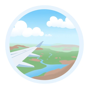 A view from an airplane window captures fluffy white clouds drifting across a bright blue sky. Below the clouds, patches of green fields contrast with areas of brown soil, forming a patchwork landscape. In the distance, a small river snakes its way through the terrain, reflecting the sunlight. The airplane wing extends into the frame, providing a sense of altitude and direction.