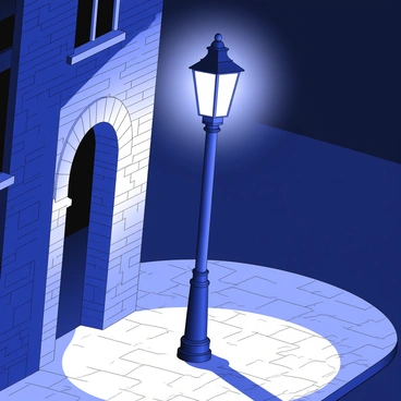 An old-fashioned streetlamp stands tall on a dark cobblestone street. The lamp emits a warm glow, illuminating the surrounding cobblestones. The street is lined with aged brick buildings, casting long shadows. The light from the lamp highlights the texture of the rough cobblestones beneath. A light fog hovers in the air, adding depth to the scene. The overall atmosphere suggests a quiet, timeless evening.