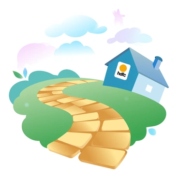A path made of shimmering gold bricks leads towards a house. The house is painted in a vibrant color, prominently displaying the "HDFC logo" on its exterior. Lush green grass surrounds the path, enhancing the visual appeal. The sky above is a gradient of pastel colors, casting a soft light on the scene. The overall composition creates a welcoming atmosphere, drawing attention to the unique elements of the path and the house.