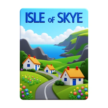 A retro-inspired travel poster featuring the "Isle of Skye" prominently displayed in bold font. The background showcases the rugged coastline with dramatic cliffs and vibrant green hills. In the foreground, there are traditional Scottish cottages with thatched roofs. A winding road leads through the scenic landscape, bordered by colorful wildflowers. The sky above is a clear blue with fluffy white clouds, creating a bright and inviting atmosphere.