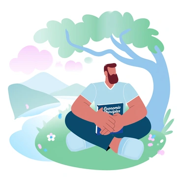 A man with a beard is sitting cross-legged under a large tree with sprawling branches. He is surrounded by a landscape of rolling hills and a gentle stream flowing nearby. The man is holding a book titled "Economic Principles" on his lap, with his gaze directed thoughtfully towards the distance. Soft pastel colors fill the scene, with gradients of pink and blue in the sky, and the lush green grass swaying gently around him. A few scattered wildflowers add pops of color to the foreground.