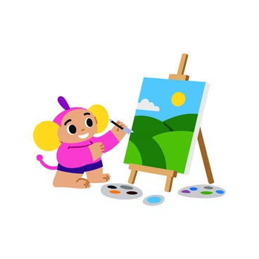 A small homunculus with a focused expression is painting a vibrant landscape on a tiny canvas. The homunculus has exaggerated features, including large eyes and a small mouth, which enhance its concentration. Its tiny hands delicately hold a paintbrush while vibrant colors of green, blue, and yellow are spread across the canvas, depicting rolling hills and a bright sky. The background includes a few palettes filled with colors and a small easel supporting the canvas. The scene conveys an intense dedication to the artistic process.