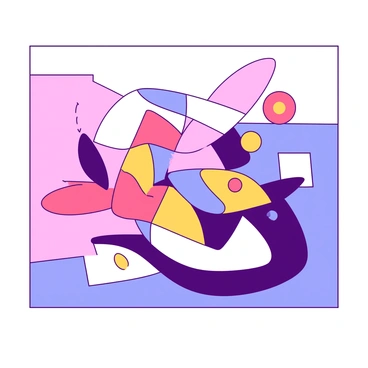 A canvas filled with a variety of shapes in different sizes and colors. The shapes are arranged in a visually dynamic way that creates an illusion of movement, as if they are morphing into different forms. Some shapes are geometric, like squares and triangles, while others are more organic and fluid. The background features a subtle gradient blending two contrasting colors. This arrangement invites viewers to explore the visual transformation of the shapes from one form to another as they shift their perspective.