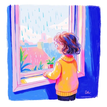 A young girl named Amy is standing by a window, peering outside. She has curly brown hair that falls just below her shoulders. The window is framed in white wood, and she is wearing a cozy yellow sweater. Outside, the sky is gray and overcast, casting a soft light into the room. Blue raindrops streak down the glass, creating a pattern that blurs the view. In the background, a few green plants are visible on the windowsill, adding a touch of color to the scene.