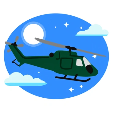An Apache helicopter flying smoothly through the night sky under the illumination of a bright full moon. The helicopter is detailed with a glossy dark green paint job and has prominent rotor blades rotating above it. The moon casts a silvery light that highlights the contours of the helicopter and creates a soft glow in the surrounding clouds. Stars twinkle in the clear night sky, adding to the tranquil atmosphere. The scene captures the dynamic motion of the helicopter as it glides effortlessly.
