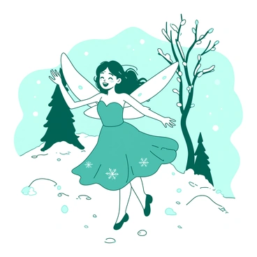 A teal fairy with delicate snowflake wings is gracefully dancing in a snowy landscape. The fairy is wearing a shimmering white dress that flutters as she moves. Around her, there are soft mounds of snow covering the ground, and light snowflakes are gently falling from the pale sky. In the background, tall trees with branches covered in white snow create a magical atmosphere. The fairy's hair is flowing, and her joyful expression reflects the beauty of the winter scene.