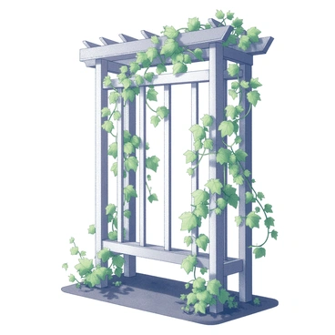 A wooden trellis stands prominently in a garden. The trellis is intricately constructed with horizontal and vertical slats, providing a sturdy frame. It is densely covered with healthy ivy leaves, which climb and weave throughout the wooden structure. The ivy features vibrant green foliage, with leaves of various sizes and shapes, creating a lush, textured appearance. Some tendrils of ivy trail down from the trellis, adding to the natural, organic look of the scene. The garden surrounding the trellis is well-maintained, featuring soil that is rich and dark, suggesting fertility and care.