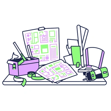 A cluttered DIY project site with blueprints, power drills, and measuring tapes