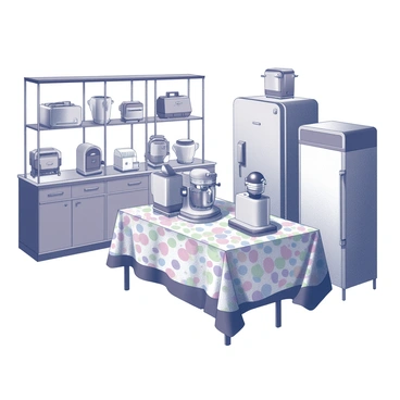 A shop interior filled with various vintage kitchen appliances from the 1950s. The appliances include a retro refrigerator, a classic stand mixer, and toasters, all designed with distinct shapes and details typical of the era. Each appliance has unique features such as rounded edges and chrome accents. The shop is organized with shelves displaying these appliances prominently. Brightly patterned tablecloths cover the display tables, adding an inviting touch to the setting. The overall arrangement creates a nostalgic atmosphere reminiscent of mid-century kitchen decor.