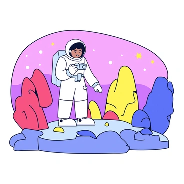 An astronaut in a white space suit is exploring the surface of a new planet. The astronaut is standing on a rocky terrain with vibrant and colorful rock formations in shades of red, blue, and yellow. The landscape features various shapes of rocks, some smooth and rounded, while others are jagged and sharp. In the background, there is a sky with shades of purple and pink, dotted with distant stars. The astronaut is holding a small device, scanning the surroundings, while a gentle shadow is cast by the unique rock formations.