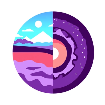 A cross-section illustration of Earth's layers highlights the distinct layers: the crust, mantle, outer core, and inner core. The upper half features a bright blue sky with the sun shining, representing daytime, while the lower half displays a deep purple sky filled with stars, depicting nighttime. The transition between day and night creates a striking contrast. Each layer is accurately colored to reflect its composition, with visible textures and details. The crust is shown with land formations, the mantle has flowing movements, and the outer core has a molten appearance.