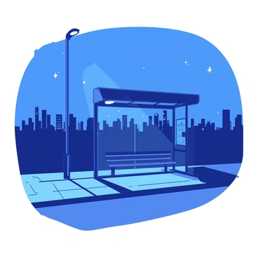 A deserted bus stop is situated beneath a single streetlight casting a warm glow. The bus stop features a simple bench and a transparent shelter with minimal signage. Above, the night sky is deep blue, dotted with a few scattered stars. In the background, a distant city skyline is visible, with silhouettes of tall buildings and a few blinking lights suggesting life within the city. Shadows stretch across the ground, creating a contrast between the illuminated area and the dark surroundings. The scene conveys a sense of stillness and solitude.