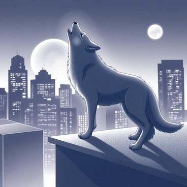 A wolf standing on a city rooftop. The wolf has a thick fur coat and is positioned with its head raised, howling into the night sky. Neon lights from nearby buildings cast a glow across the scene, illuminating the outlines of the wolf and the rooftop. The city skyline is visible in the background, featuring various buildings of differing heights and architectural styles. The moon is partially visible, adding to the nighttime atmosphere.