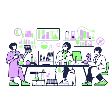 A group of scientists is working in a laboratory filled with various equipment and tools. In the center, there is a large workbench covered with beakers, flasks, and scientific instruments. One scientist, wearing a lab coat and goggles, is carefully measuring a green liquid from a flask into a test tube. Another scientist is seated at a computer, analyzing data displayed on the screen, which shows graphs and charts. Nearby, a third scientist is examining a small solar panel prototype under a magnifying glass, taking notes on a clipboard. The walls of the lab are lined with shelves holding books and models of sustainable technology.