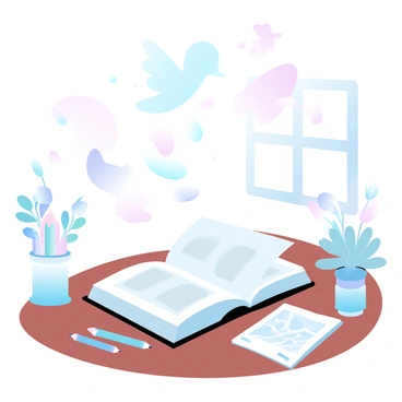 An open book lies on a wooden table, its pages gently fanned out. Surrounding the book are scattered colored pencils, each pencil showcasing a variety of vibrant hues. In the background, a soft light filters through a window, casting a warm glow over the scene. A small plant sits next to the book, with delicate leaves reaching towards the light. Nearby, a sketchpad displays a partially completed illustration, hinting at creativity and inspiration. In the air above the book, various whimsical characters emerge, representing stories filled with imagination and wonder, depicted in gradient pastel colors.