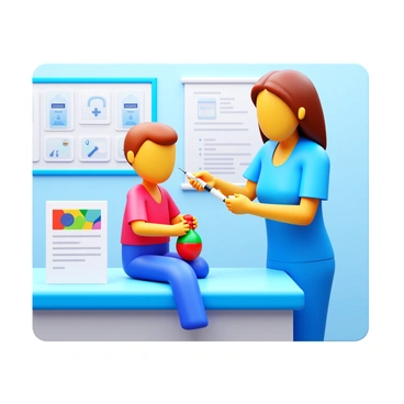 A nurse giving a vaccine to a child with a health insurance pamphlet on a table