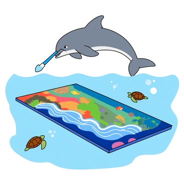 A playful dolphin with smooth, grey skin and a cheerful expression swims gracefully through the water. It has a bright blue paintbrush tied to its dorsal fin. The dolphin is positioned above a large canvas that floats on the surface of the water. The canvas is splashed with vibrant colors, depicting swirling waves, colorful fish, and coral reefs. Bubbles rise around the dolphin as it moves, and a few playful sea turtles can be seen in the background, watching curiously. The scene captures a whimsical underwater art moment.