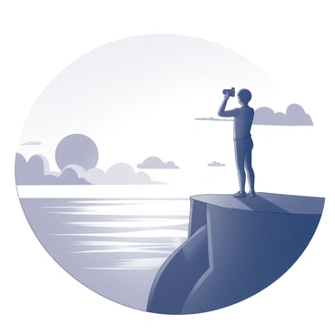 A silhouetted figure stands on the edge of a cliff, holding a camera up to capture the scene. The person's body language conveys focus and intention as they aim the camera towards the horizon. In the background, the sun is setting, casting a large circular shape just above the ocean's surface. The sky is filled with dynamic shapes and lines created by clouds, which frame the setting sun. The ocean below is smooth, reflecting the light in an abstract manner, adding depth to the serene atmosphere.