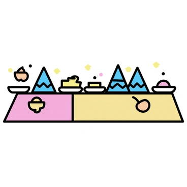 A cartoon table with a rectangular shape, covered with a vibrant tablecloth. On the table, there are several "mehendi cones" arranged in a line, their pointed tops displaying intricate designs in a dark green color. Next to the cones, there are assorted "sweets" including round and square pieces in bright colors like yellow, pink, and orange, neatly placed on decorative plates. Traditional "decorations" such as small brass lamps and colorful paper lanterns are scattered across the table, adding festive elements. The background features soft, pastel colors that enhance the cheerful atmosphere of the scene.