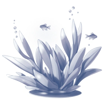 An underwater scene showcasing an aquatic plant with numerous leaves. The leaves are broad and lush, displaying intricate textures and shapes. They are surrounded by small bubbles rising towards the surface. The plant sways gently with the movement of the water, creating a dynamic environment. Sunlight filters through the water, casting soft shadows and illuminating the plant, enhancing its details. Fish swim in the background, adding life to the scene.