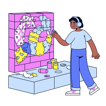 A street artist is spray painting a colorful mural on a brick wall. The artist is dressed in casual clothing, featuring a loose-fitting t-shirt and denim jeans. They are wearing large headphones that cover their ears, indicating they are immersed in their own musical world. The mural showcases vibrant patterns and shapes with a mix of bright colors, reflecting the artist's creativity. The artist's paint cans are scattered around on the ground, and there are splatters of paint on the pavement.