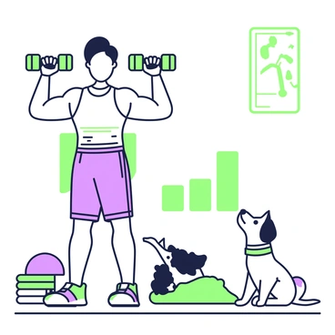 A person is standing and performing bicep curls with dumbbells in both hands. They are wearing a fitted workout shirt and shorts. The person's posture is upright, with a focused expression as they lift the weights. Beside them, a dog is playfully watching the exercise. The dog, a small breed with a wagging tail, is sitting on the floor, looking up with curious eyes. The setting is a bright room with a few fitness accessories scattered around, creating an active environment.