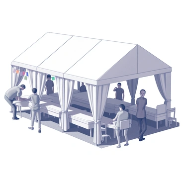 A massage tent set up at a lively festival. The tent is constructed with white fabric, featuring an open entrance and side flaps that allow for easy access. Inside, there are several massage tables arranged in a neat row, each covered with white sheets. A few massage therapists are visible, engaged in providing quick relaxation services to festival-goers. People are seen waiting in line outside the tent, some sitting on folding chairs, while others stand chatting. Colorful banners and festival decorations surround the tent, enhancing the energetic atmosphere of the event.