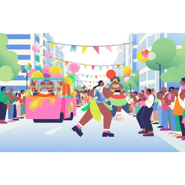 A vibrant parade is taking place on a wide city street filled with excitement. Colorful floats are adorned with bright decorations, featuring large flowers, balloons, and streamers in various hues. Performers wearing elaborate costumes, including feathered headdresses and sequined outfits, are marching alongside the floats, showcasing lively dance moves. The crowd lining the street is diverse, with people cheering and waving flags. Spectators are holding cameras, capturing the joyful atmosphere. Above, banners hang between buildings, adding to the festive ambiance of the scene.