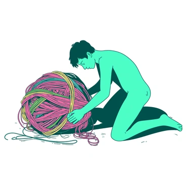 A teal figure is kneeling on the ground, focused on untangling a massive ball of colorful threads. The ball of threads is dense and sprawling, with threads of various colors intertwining and looping around each other. The figure has a concentrated expression, with one hand reaching into the chaos, while the other is pulling gently on a strand. Sunlight casts soft shadows on the ground, highlighting the intricate details of the threads and the figure’s determined posture.