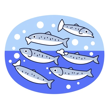 A group of cartoon sardines moving gracefully together in the ocean. Each sardine has shiny silver scales and expressive eyes, showcasing their playful personalities. The sardines are arranged in a symmetrical formation, creating a visual rhythm as they swim. Bubbles rise around them, adding to the lively atmosphere of their synchronized dance. The ocean water is a vibrant blue, enhancing the cheerful scene.