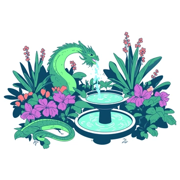A vibrant duotone illustration features lush gardens filled with various exotic plants and flowers, showcasing their unique shapes and colors. In the center, a grand fountain is surrounded by greenery, with water cascading gracefully from its ornate structure. Beside the fountain, a majestic dragon with iridescent scales is lounging comfortably. The dragon's wings are slightly unfurled, and it gazes lazily at its surroundings, blending harmoniously with the rich flora of the garden.
