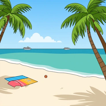 A pristine beach in Zanzibar features soft, white sand stretching along the shoreline. The bright turquoise waters gently lap against the beach, reflecting the sunlight. Tall, green palm trees sway in the light breeze, casting playful shadows on the ground. A few colorful beach towels are spread out on the sand, with a beach ball resting nearby. The sky above is clear and blue, with a few fluffy white clouds drifting lazily. In the distance, small boats can be seen bobbing on the waves.