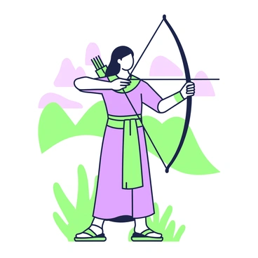 An Egyptian archer poised with a bow and arrow, framed by a desert landscape