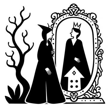 A wicked queen stands in front of an ornate magic mirror, her figure draped in a flowing, dark gown that contrasts against the intricate design of the mirror frame. The mirror's surface shimmers with a haunting glow, capturing the queen's silhouette as she gazes into it with a sinister smile. Surrounding the mirror are twisted vines and dark, mystical symbols, enhancing the atmosphere of magic and malevolence. The backdrop features shadowy silhouettes of twisted trees, adding to the ominous setting.