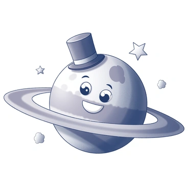 A cartoon planet with a round, cheerful face displaying a "big smile." The planet is adorned with a "top hat" perched jauntily on its surface, and it features a "bow tie" prominently displayed below its face. The surface of the planet has a textured appearance, with patches that suggest landforms and oceans. The eyes are large and expressive, adding to the joyful demeanor of the planet. A few stylized stars and clouds are scattered around it, enhancing the playful theme.
