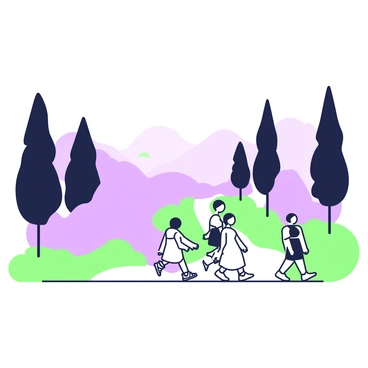 A foggy landscape stretches across the scene, enveloping tall, shadowy trees in a thick layer of mist. In the foreground, several figures are walking along a narrow path that winds through the haze. Their bodies are outlined, but their faces are obscured by the swirling fog, creating an air of mystery. The atmosphere is tranquil, as the figures move gently, their clothing flowing softly with each step. In the background, faint silhouettes of distant hills emerge from the fog, adding depth to the composition.
