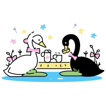Two swans, one white and one black, are gracefully seated at a round lily pad table. The white swan, adorned with a delicate pink bow, is pouring tea from a small floral teapot into a dainty cup, while the black swan, with a matching pink ribbon, is holding a sandwich delicately in its beak. Surrounding them are vibrant green lily pads and colorful flowers, with a gentle ripple of water reflecting the scene. A few dragonflies hover nearby, adding to the whimsical atmosphere.