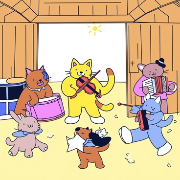 A barn interior with wooden beams and hay scattered around the ground. In the center, a cat stands on its hind legs, holding a fiddle under its chin with one paw, while using a bow with the other. Surrounding the cat are various animals: a dog playing a large drum with enthusiasm, a rabbit playing a small accordion, and a bird perched on a wooden beam, singing along. The animals are all facing the cat, who is leading the group with an expression of concentration. Sunlight streams through an open barn door, casting a warm glow over the scene.