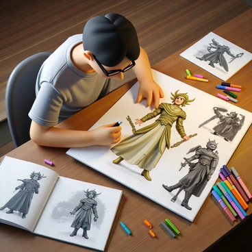 An illustrator with light skin and short, messy hair is focused on designing fantasy characters. They are seated at a wooden table cluttered with various markers in different colors. The illustrator is wearing a gray t-shirt and glasses, intently working on a large sketchpad, drawing an intricately detailed character with flowing robes and elaborate armor. Sketches of other fantasy characters are scattered around the table, showcasing a range of unique designs and magical creatures. A warm light illuminates the workspace, highlighting the vibrant colors of the markers and the creative atmosphere.