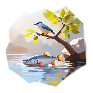 A pike fish with long, slender body and sharp teeth is swimming gracefully through a clear, flowing river. The water is rippling gently around the fish, reflecting light in various shades of blue and green. Above, a small bird with vibrant plumage perches on a branch of a nearby tree, its head tilted curiously as it observes the pike swimming below. The branch is adorned with lush green leaves, adding to the natural setting of the riverbank. The overall scene captures a moment of tranquility in nature.