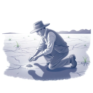 A farmer is kneeling in a barren field. The farmer is wearing a wide-brimmed hat and rugged clothing. They are holding a handful of seeds and are in the process of sowing them into the dry soil. The field stretches out in all directions, with cracked earth visible. A few sparse tufts of grass can be seen, indicating the struggle for life in the environment. The farmer's expression conveys determination and hope for the future harvest. The sun is rising on the horizon, illuminating the scene and casting long shadows across the field.