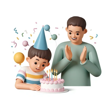 A young boy, wearing a blue party hat and a colorful t-shirt, leans forward over a round birthday cake with bright frosting and six lit candles. He has his hands cupped around the cake, focusing intently as he prepares to blow out the candles. To the side, a man with short hair and a casual green shirt is clapping his hands joyfully, his face beaming with pride and excitement. The background is filled with festive decorations, including streamers and balloons, enhancing the celebratory atmosphere of the scene.