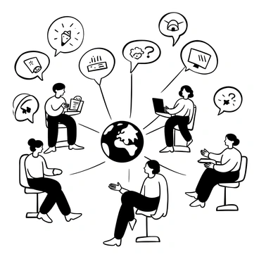 A black-and-white illustration of a dynamic online chatroom. Multiple speech bubbles filled with text are scattered across the image, each displaying various symbols and ideas. Silhouettes of diverse participants are pictured at computer screens, engaged in animated discussions. A globe is present in the center, symbolizing the international aspect of the chatroom. Lines connect the speech bubbles to the participants, emphasizing the flow of ideas shared from different parts of the world.