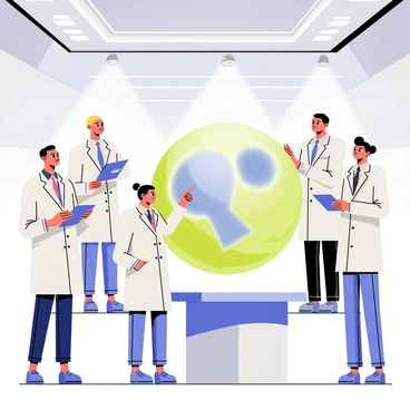 A futuristic laboratory setting with sleek silver walls and advanced technology. In the center, a large, translucent model of a lysosome is displayed, glowing with shades of blue and green. Several scientists wearing white lab coats are gathered around the model, examining it with holographic tablets in their hands. One scientist is pointing at the model while another takes notes. Bright overhead lights illuminate the scene, casting reflections on the smooth surfaces of the lab equipment.