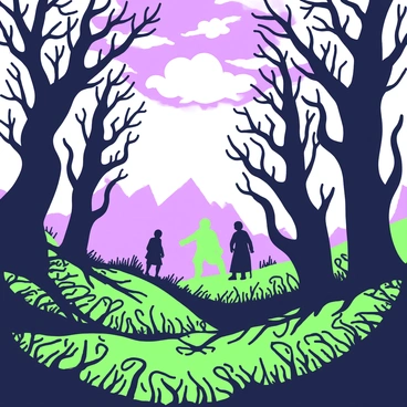 A dark, twisted forest fills the scene, with gnarled trees that stretch their branches like skeletal fingers towards a cloudy sky. Shadows move ominously between the trees, suggesting lurking figures that are barely visible, their forms indistinct and haunting. The ground is littered with barren leaves and twisted roots, creating a sense of unease. In the background, a fog creeps along the forest floor, adding to the mystery and tension of the atmosphere. The light is dim, casting eerie shapes and reflections among the trees, enhancing the unsettling mood of the landscape.