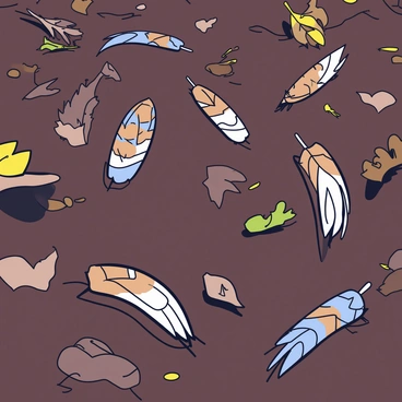 A forest floor covered with a mix of brown and white fallen feathers. The ground is composed of rich, dark soil and scattered leaves. Various textures are visible, including patches of moss and small twigs. Sunlight filters through the overhead canopy, creating soft shadows on the ground. The feathers are gently spread across the surface, blending harmoniously with the natural elements around them.