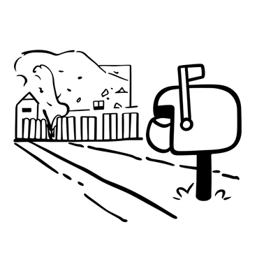 A mailbox with a lid that features an eye, positioned prominently at the top. The mailbox is placed on a grassy patch beside a sidewalk. The eye appears alert, seemingly watching the street. Trees line the edge of the sidewalk, and there is a subtle path leading away from the mailbox. The street is visible in the background, lined with fences and small houses, creating a neighborhood scene.